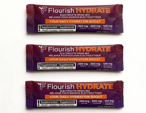 Three packages of Flourish Hydrate electrolyte drink mix on a white background